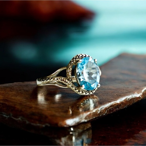 Multifaceted Aquamarine Oval Ring in 925 Sterling - Picture 3 of 7